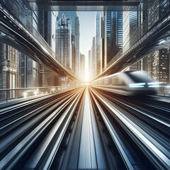 Un train passant à toute allure dans une ville futuriste - obrazy, fototapety, plakaty