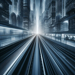 Un train passant à toute allure dans une ville futuriste