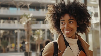 A young woman with a radiant smile wearing a brown coat and carrying a book walking in a city setting with modern architecture and palm trees in the background.