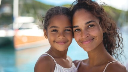 A mother and daughter smiling together on a boat enjoying a sunny day on the water. - 747931417