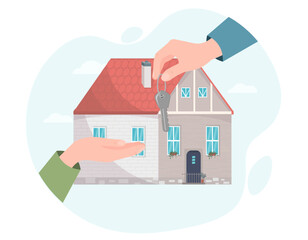 Hand holding key from house, real estate agent gives keys, house rent, receiving keys from new home, buying property with mortgage, flat vector illustration