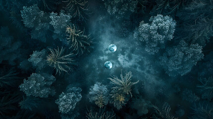 Fototapeta na wymiar photo of a moonlit forest, view from top looking down sparse undergrowth, magic, delicate magic