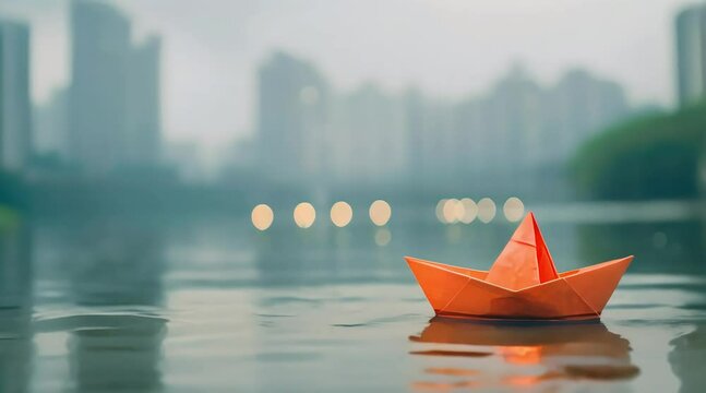Paper boat floating on the rain pond in the city (mov) made with Ai generative technology