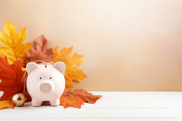 Fall Savings message, Some fall leaves and a piggy bank and a blank gift tag with copy-space for your message сreated with Generative Ai