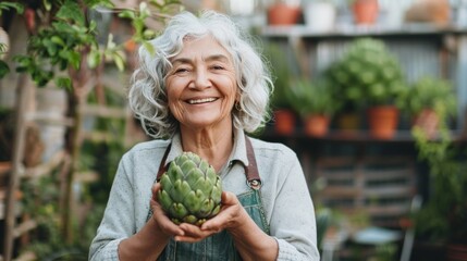A joyful elderly woman with white hair wearing a blue apron holding a fresh artichoke in her hands surrounded by potted plants in a garden setting.