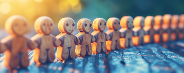 Abstract background of the wooden figurines of the people standing in a row. Concept of unity and social cooperation. - obrazy, fototapety, plakaty