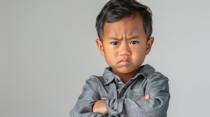 Young child with a serious expression arms crossed wearing a gray shirt against a neutral background.