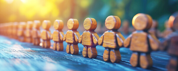 Abstract background of the wooden figurines of the people standing in a row. Concept of unity and social cooperation. - obrazy, fototapety, plakaty