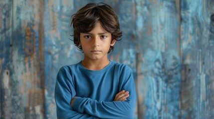 Fototapeta na wymiar Young boy with dark hair wearing a blue long-sleeve shirt standing with arms crossed in front of him against a textured blue background.