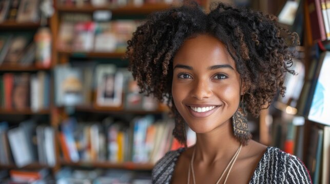 Smiling woman with curly hair wearing a striped top standing in front of a bookshelf filled with books.