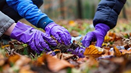 Two gloved hands reaching into a pile of leaves and debris possibly for a clean-up activity.