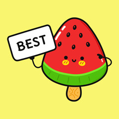 Cute Ice cream with poster best. Vector hand drawn cartoon kawaii character illustration icon. Isolated on yellow background. Ice cream think concept