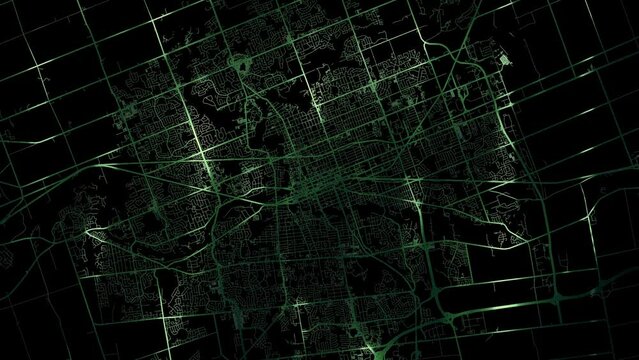 Zoom in road map of London Canada with green glowing roads on a black background.