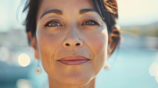 A woman with a warm smile looking directly at the camera her eyes reflecting the sunlight with a hint of a serene background.