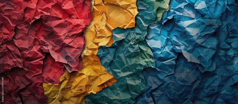 Poster the close up depicts a multi colored wall with different fonts labeling the crumpled background of t