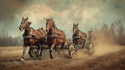 .A nostalgic image of a traditional wooden plow being pulled by a team of horses - obrazy, fototapety, plakaty