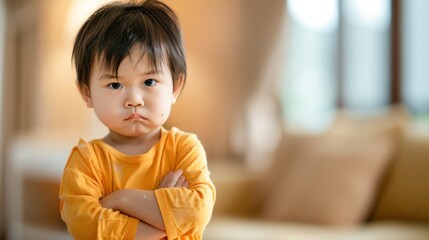 Young child with arms crossed frowning wearing yellow shirt standing in living room.