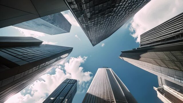 Business Video animation background of breathtaking upward view of towering skyscrapers against a backdrop of a clear blue sky with scattered clouds. The architectural marvels are depicted in an array