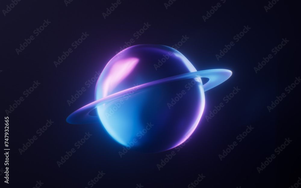 Poster planet with dark neon light effect, 3d rendering.