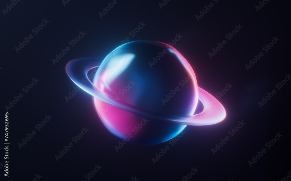Poster planet with dark neon light effect, 3d rendering.