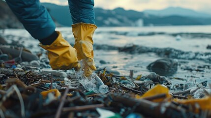 A person in yellow rain boots wading through a beach littered with plastic waste. - obrazy, fototapety, plakaty