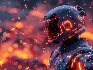 Futuristic Robot Soldier with Glowing Visor. A close-up of a futuristic robotic soldier's head with a glowing visor and illuminated circuit patterns, surrounded by sparks. - obrazy, fototapety, plakaty