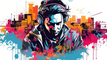 Illustration design of a man listening to music using a headset, with wpap images and art.