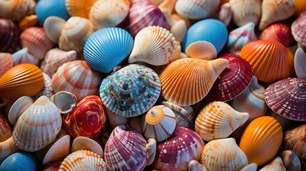 Collection of different colorful Seashells and pebbles  as a background, texture or pattern. Travel and vacation concept with copy space. Spa Concept.