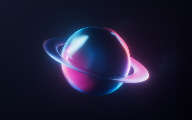Planet with dark neon light effect, 3d rendering.