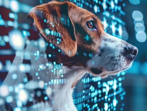 Dog Amidst Digital Data Visualization. A beagle dog's profile is superimposed with a backdrop of digital binary code, illustrating the convergence of animal instinct and digital data.