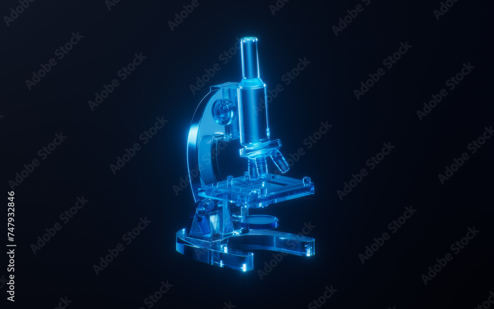 Poster microscope with dark neon light effect, 3d rendering.
