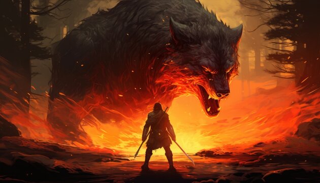 hunter with a bow facing a giant wolf in the fire meadow