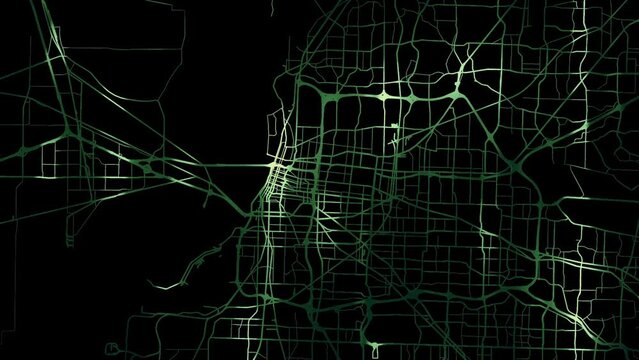 Zoom in road map of Memphis Tennessee with green glowing roads on a black background.