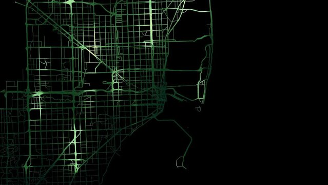 Zoom in road map of Miami Florida with green glowing roads on a black background.