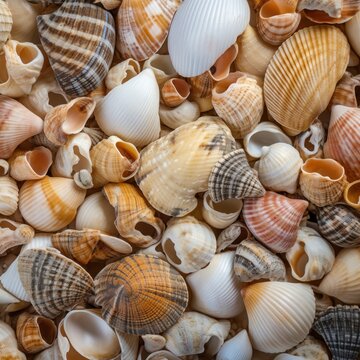 Seashells background. Close-up image of sea shells. Travel and vacation concept with copy space. Spa Concept.