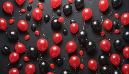 Black background with red and black balloons on one side of the image