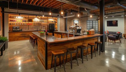 A coffee bar with a variety of beverages is situated in the open space office - serving as a casual meetup spot for employees - obrazy, fototapety, plakaty