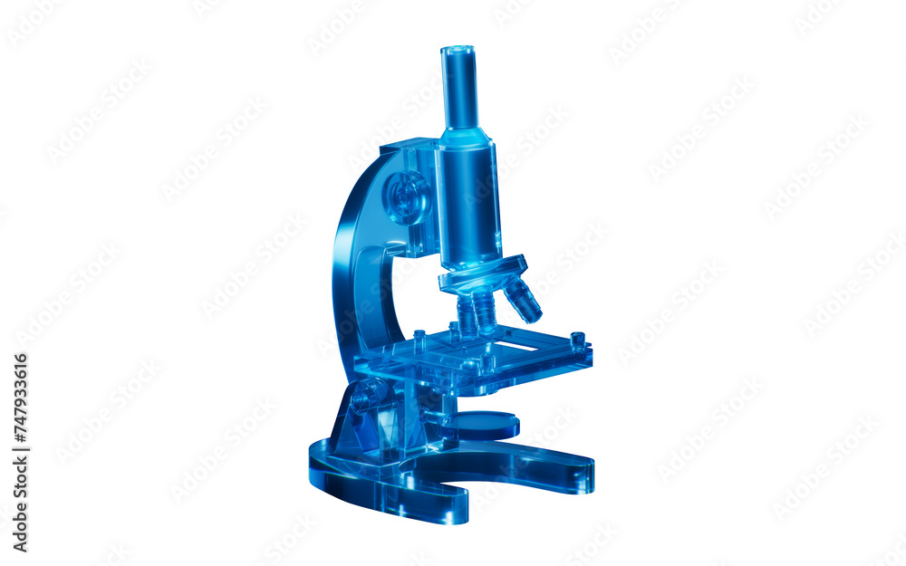 Poster microscope with dark neon light effect, 3d rendering.