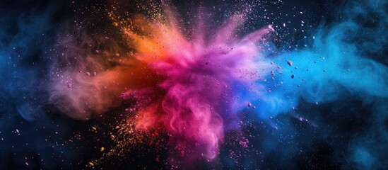 A dynamic explosion of vibrant colored powder, creating a burst of various hues against a stark black backdrop. The powders appear to be in mid-air, suspended in motion, capturing a moment of chaotic - obrazy, fototapety, plakaty