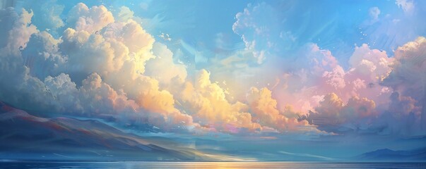 Surreal soft vista of a beautiful mountain sea spectacle, azure sky and a few floating white clouds...