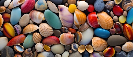 Fototapeta na wymiar Seashells background. Colorful seashells background. Travel and vacation concept with copy space. Spa Concept.