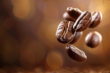 Levitating roasted coffee beans on dark background with copy space for text placement