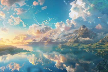 Surreal soft vista of a beautiful mountain sea spectacle, azure sky and a few floating white clouds with a sunset Generative Ai  - obrazy, fototapety, plakaty
