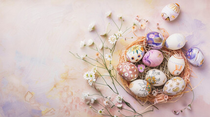 Decorated Easter Eggs in Retro Flower Style with colorful pastel background