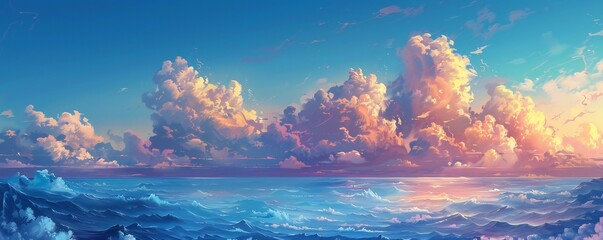 Fototapeta na wymiar Surreal soft vista of a beautiful mountain sea spectacle, azure sky and a few floating white clouds with a sunset Generative Ai 