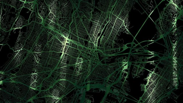 Zoom in road map of Newark New Jersey with green glowing roads on a black background.