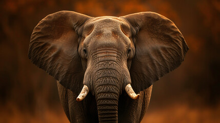Elephant portrait over a luminous brown background.