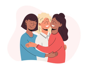 Three women friends hugging. A community of diverse feminist girls. Vector flat isolated illustration.