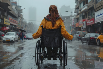 Rear view of a young woman in a wheelchair on a rainy day - obrazy, fototapety, plakaty