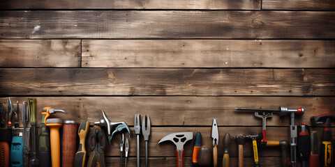 Working tools on wooden rustic background, top view
